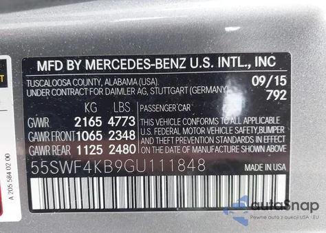 2016 Mercedes-Benz C 300 4Matic из США, поврежденный, VIN 55SWF4KB9GU111848